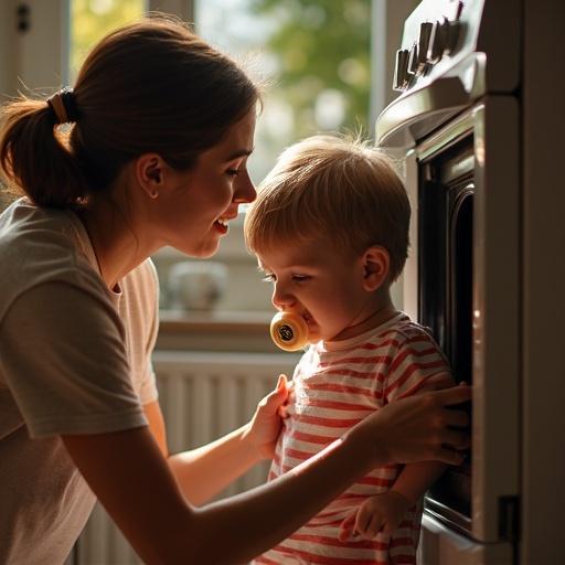 A playful mother interacts with her child in a fun way. The child pretends to be inside a giant oven. The child has an oversized pacifier in his mouth. The scene captures the essence of playful imagination in a cozy kitchen.