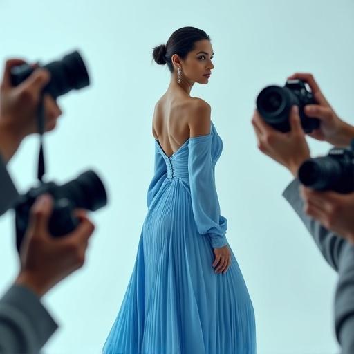 High-resolution fashion scene with multiple hands holding cameras. Background features glamorous Indian actress in a light blue pleated dress. Structured yet fluid garment shown from the back. Actress poses confidently, looking over her shoulder. Soft, bright lighting with a clean color palette. Mood is sleek and modern.