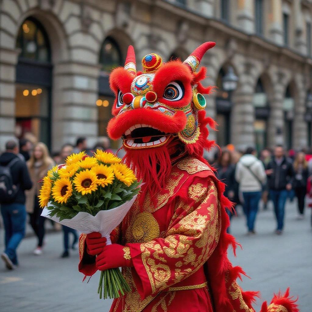 A person dressed in a vibrant red dragon costume stands in a busy street. They hold a bouquet of bright yellow flowers, surrounded by a lively urban setting.