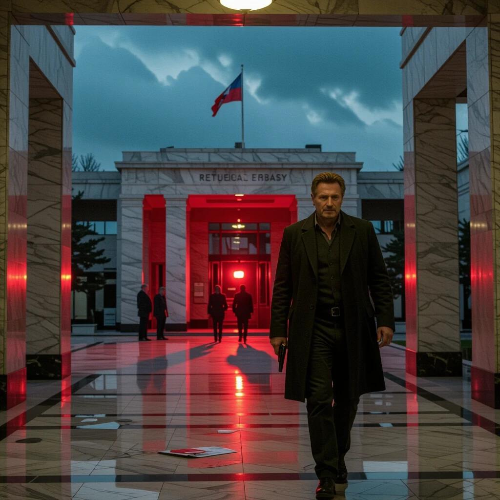 Covert veteran walks through marble halls of European embassy. Broken glass scattered on the floor. Abandoned flags in the background. Distant figure with hostages under red emergency lights. Storm clouds visibly loom outside.