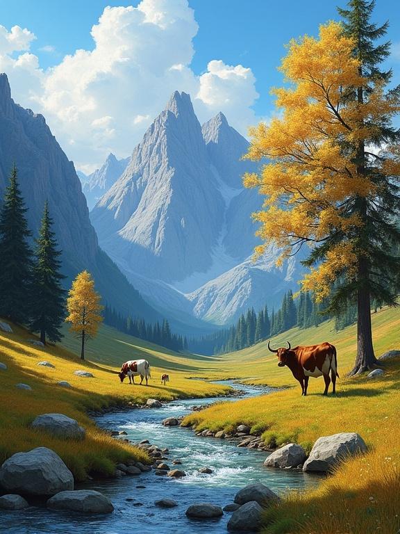 A picturesque landscape painting of a valley surrounded by rugged mountains under a bright blue sky with clouds. Lush green grass with golden-yellow foliage. A stream winds through the scene. Cows graze peacefully. Tall pine trees and a large golden-leaved tree nearby. Earthy tones of green, brown, yellow, and blue. Detailed and textured oil painting style.