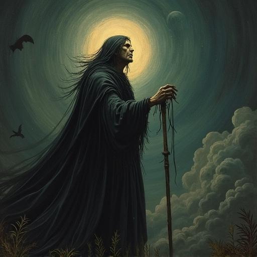 Depiction of a solitary figure resembling Solomon Kane, dressed in a flowing dark robe. The figure stands with a staff, reaching out to the void. A glowing moon illuminates the scene, surrounded by clouds and bats. Emphasis on feelings of deep loneliness and sadness.