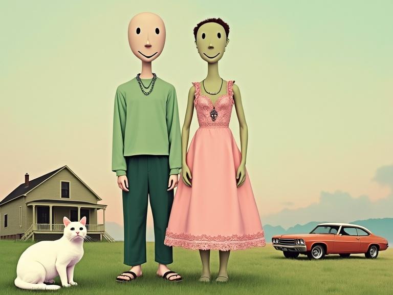 Surreal and abstract collage-style artwork features two anthropomorphic figures with minimalistic faceless heads. The first figure wears a light green top and dark green pants. The second figure is dressed in a pastel pink dress with lace. Both figures have cartoonish styles. A white cat sits calmly in the foreground. Background includes vintage elements like a classic American house and a retro car with a gradient sky. Composition blends digital painting with collage art.