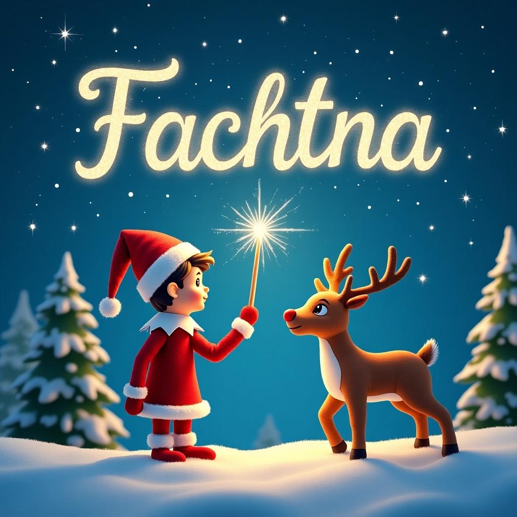 The image features a joyful elf on the shelf, interacting with Santa's reindeer in a whimsical winter setting. Snow blankets the ground, and evergreen trees frame the scene, creating a magical atmosphere. The elf, dressed in traditional red and white, wields a sparkling wand that writes 'Fachtna' in the starry sky above. A serene blue background filled with twinkling stars enhances the festive feel. This enchanting scene captures the essence of holiday wonder and joy, perfect for seasonal celebrations.