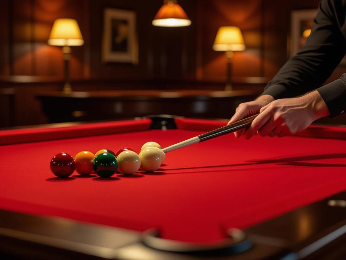 Close-up shot captures a modern pool table with red felt and black frame. Human hands position a wooden cue stick near billiard balls. Focus on textures and materials. Warm lighting creates a cozy feel. Subtle background features elegant decor.