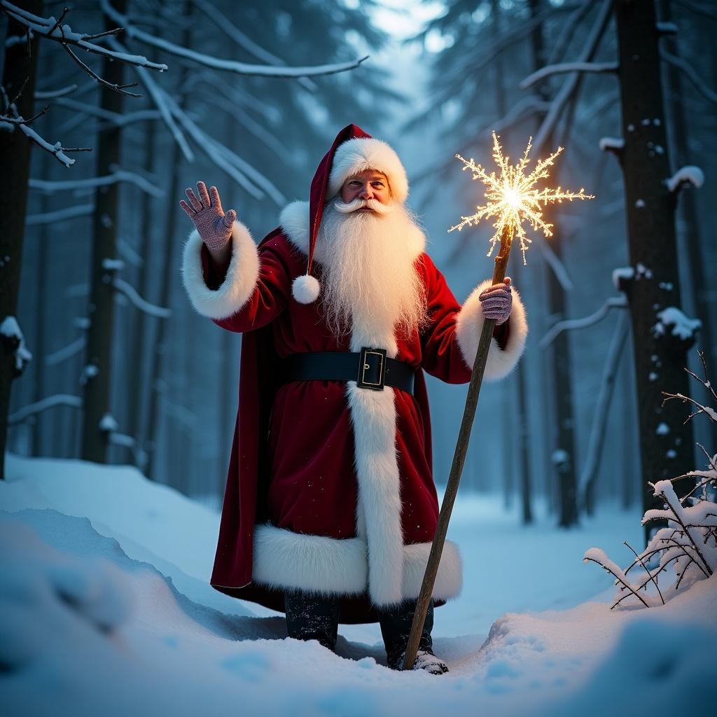 Magical Santa Claus figure in a snow-covered forest. The name MORRIGHAN shown in glowing lights.