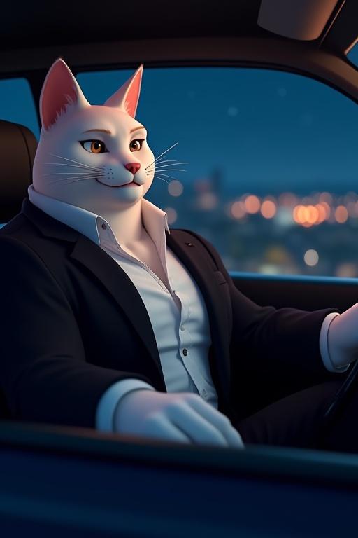 White anthropomorphic male cat driving a car at night. Wearing a white shirt and black blazer. Seated behind the wheel with calm expression. Soft lighting from dashboard and city lights visible. Background features starry night sky and distant cityscape.
