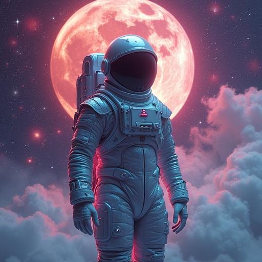 Space-suited thinker in mirror chrome in lush celestial dreamworld with sparkling galactic illumination