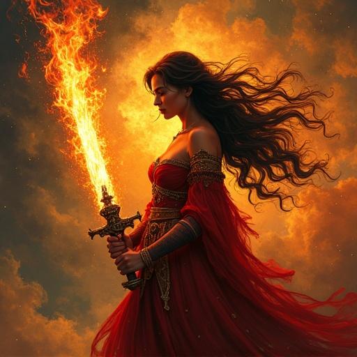 A woman stands proudly holding a sword engulfed in flames. She wears an elegant red dress. Hair flows in the wind against a fiery background.