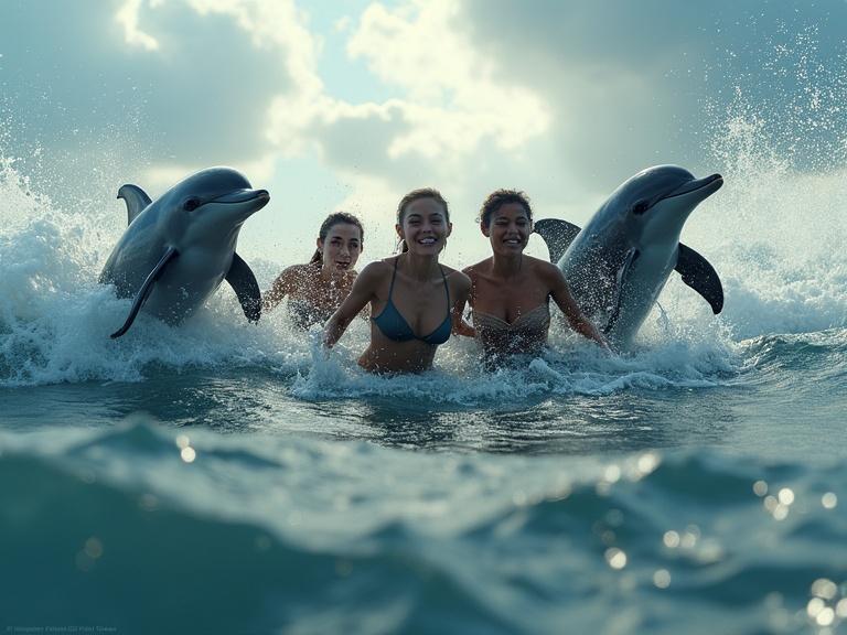 Several hyperrealistic dolphins swimming through turbulent ocean waves assisting women who show expressions of fear mixed with hope. The dolphins guide them toward safety. The sea is dynamic with splashes and foam. The sky is partly cloudy with sunlight casting a hopeful glow on the scene. Cinematic lighting highlights the movement and emotion between humans and dolphins.