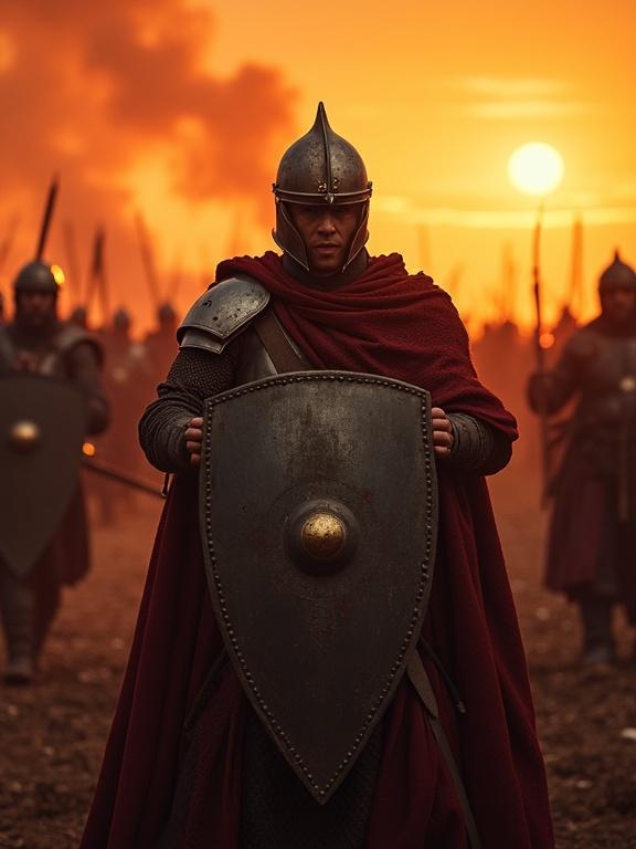 First-person perspective in a chaotic battle. Gripping a shield, bracing against enemy blows. Clashing metal and war cries fill the air. Warriors show determination as we advance. Vibrant sunset colors creating an intense atmosphere. Mix of sweat and blood scents with smoke. Ultra-realistic depiction of battle.