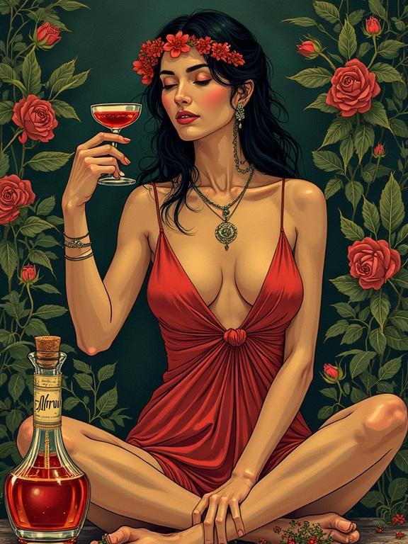 Stylized advertisement set in a 1920s speakeasy. A voluptuous woman meditates in a red silk dress. She holds a small glass of reddish herbal liqueur. Surrounded by roses and herbs she toasts towards someone off-camera. A beautifully crafted apothecary bottle is positioned in the foreground. The atmosphere exudes tranquility and lush greenery.
