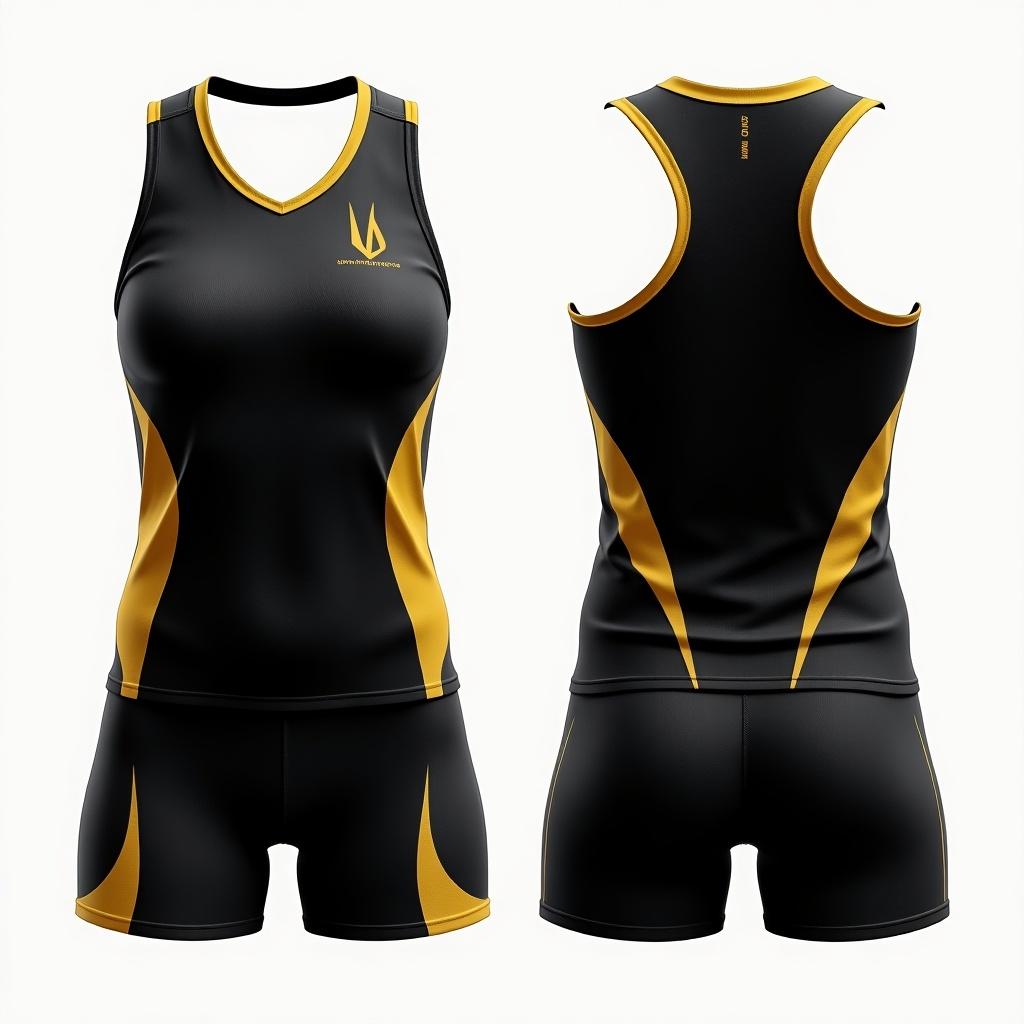 Sleeveless volleyball jersey in black and gold displayed in front and back views. The design features a modern cut with a sleek appearance. The material appears breathable and flexible suitable for sports.