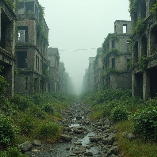Post-apocalyptic ruined city overrun by nature. Crumbling buildings with greenery. Foggy atmosphere. Square format.