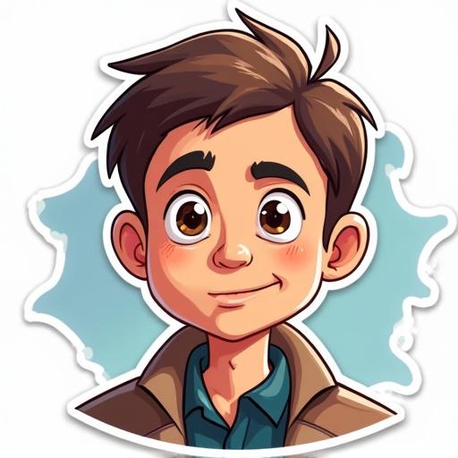 Generation of a PNG sticker featuring a tired developer. The character has a styled haircut. He wears a jacket with a shirt underneath. The background has a light abstract design.