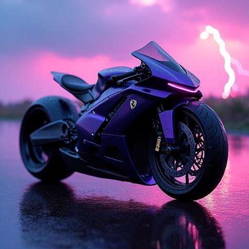 Ultra-modern concept motorcycle with aggressive design in deep royal purple metallic. Features ultra-wide tires with cyberpunk treads. Aerodynamic bodywork crafted from carbon fiber. Front fairing has sharp design with LED headlight strip. Handlebars are minimalist and nearly invisible. Includes a glowing deep violet Ferrari emblem. Displayed in futuristic showroom with purple and blue ambient lighting. Background shows deep blue and red sunset with lightning. Bike has laser light rims and leaves a long laser trail.