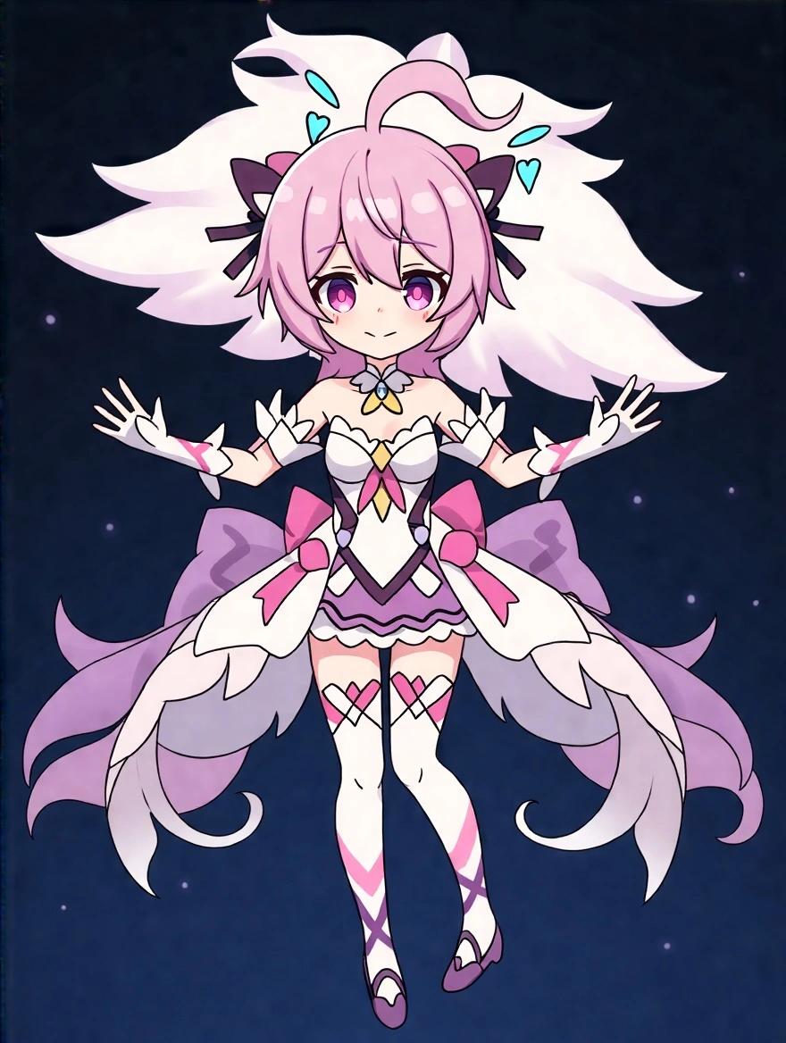 Fantasy character with pink hair and wings. Adorned in a white and purple costume with bows. Charming expression with large eyes and playful pose. Starry background enhances the whimsical appearance.