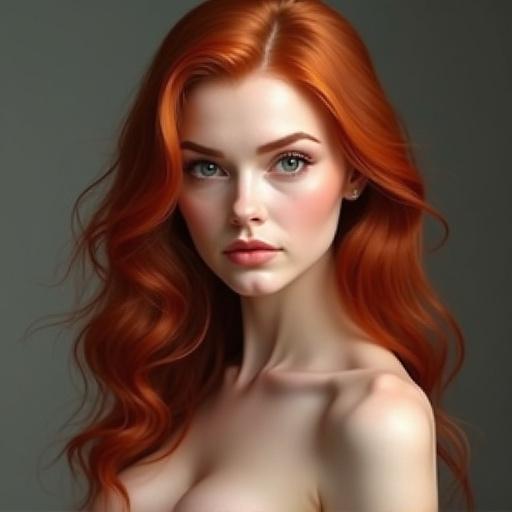 Create a natural ultra-realistic redhead with delicate makeup and medium-sized breasts