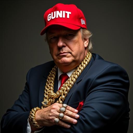 Image of a man dressed as a gangster with gold chains rings and a GUNIT cap. Serious expression with dramatic lighting and high contrast background.