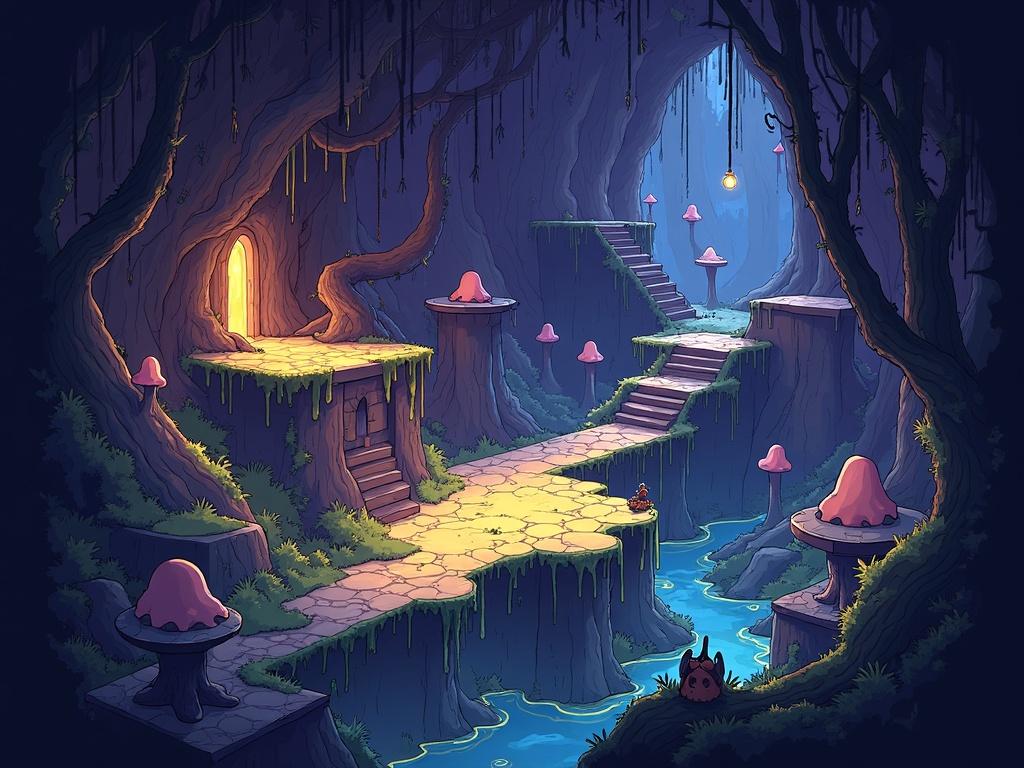 Hand-drawn concept art showing a 2D platformer game environment in an underground forest. The scene has a wide platform area with different heights and gaps for character movement. Features twisted fungal roots and moss-covered platforms. Glowing mushrooms and spore-like structures create soft light against purple and earth-tones. Layout includes paths for dash mechanics, obstacles, and enemy encounters with spore creatures. Elevated platforms connect by hidden paths for structured progression. Includes annotations for platform edges and enemy points. Designed as a construction blueprint for a game engine.