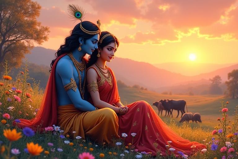 Peaceful flower-filled valley setting featuring Radha and Krishna. Radha leans on Krishna's shoulder while gazing at each other. Krishna in blue attire with a peacock feather crown, Radha in red and gold sari. Colorful flowers and distant herd of cows are present. Sunset sky in orange and pink tones casts a warm light over the scene.