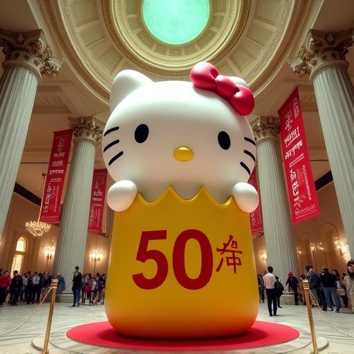 Large plush Hello Kitty figure emerging from bright yellow coin purse in a grand rotunda. Worm's-eye view showing opulent architecture with domed ceiling details. Visible crowds and banners add to the festive atmosphere. Sign indicates no touching.