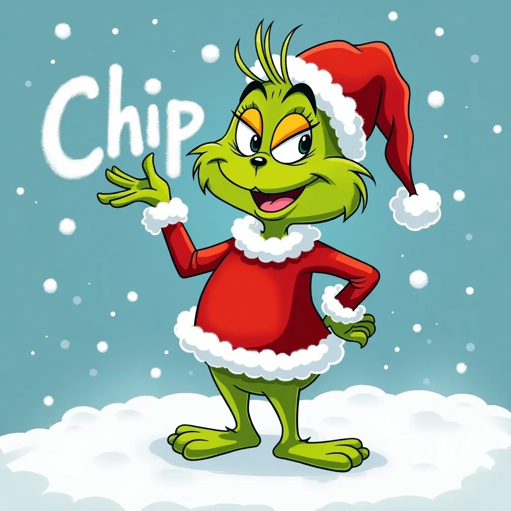 Grinch character in Santa outfit. Character writes 'Chip' in snow. Background features falling snowflakes. Illustration highlights bright colors with a green character in red and white.