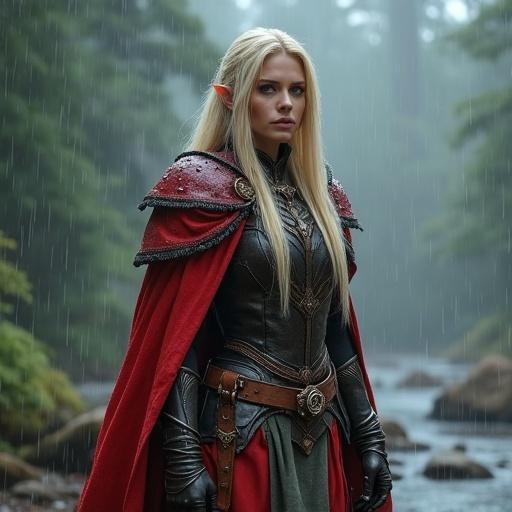 Female blood elf paladin stands in rain wearing armor and a red cloak with long blonde hair flowing down