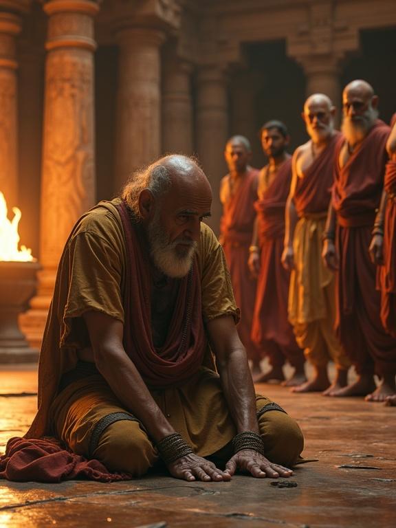 An old man kneels wearing torn royal garments. Hands are tied. The scene shows a stern character in front. Others are present with serious faces. The background displays an ancient court with burning torches and pillars. Lighting emphasizes the man's expression of defeat. Traditional Indian atmosphere.