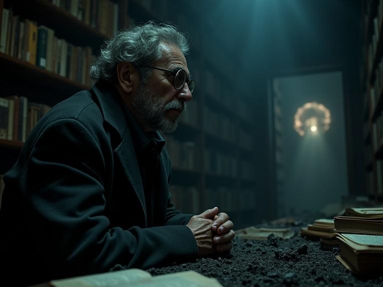 Capturing a hauntingly realistic portrait of a bespectacled scientist in a dimly lit library. Surroundings include ashes and charred pages symbolizing burned books. Expressions of deep contemplation and sorrow as he gazes at a mysterious glowing portal representing the afterlife. Rich in detail showcasing darkness and ethereal light, evoking loss and curiosity. Shot with a 50mm lens for depth of field.