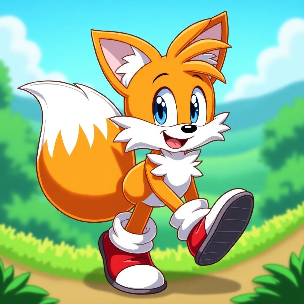 Illustration of Tails, the classic cartoon fox character, walking in a green landscape. Tails has a happy expression and is depicted in vibrant colors.