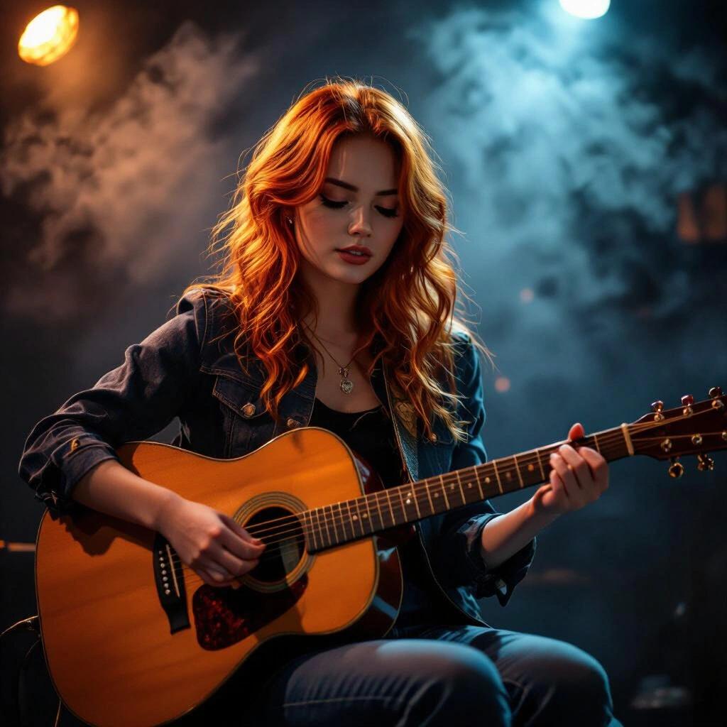 Red haired girl playing guitar. Scene set in a dark room with smoke. Raw photography capturing the mood.