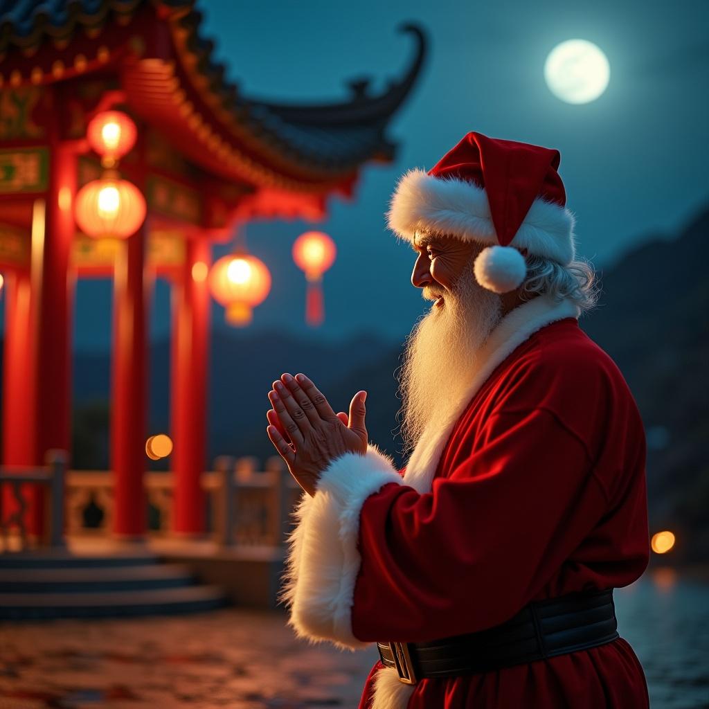 Cinematic image features Santa standing in front of a traditional Chinese temple showing respect for Tai Chi Chuan. Bright moon lights the scene during magic hour. Hyper-realistic style shot on Arriflex.