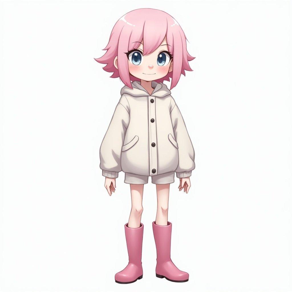 Arcane inspired character. Character has pink hair, blue-gray eyes, small nose. Dressed in white jacket and shorts. Wearing long pink boots. Small, thin body structure.