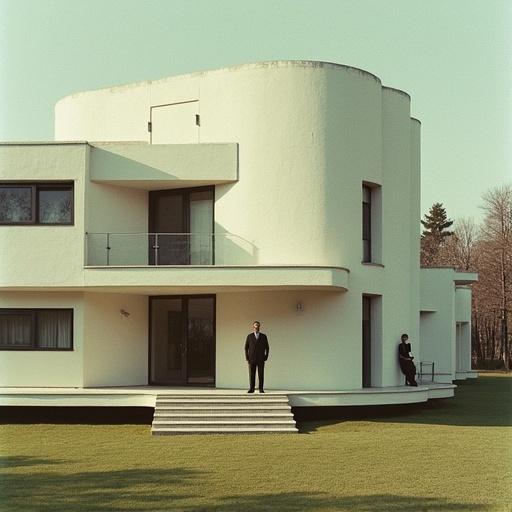 Surreal architectural photograph capturing an exterior view of Villa Savoye. Architect Le Corbusier depicted oversized, casually leaning against the villa and smiling. The scene blends realistic villa details with exaggerated scale of the architect. Soft daylight enhances cinematic composition with 35mm grain and vintage tone. Style merges hyperrealism with surrealism inspired by Magritte.