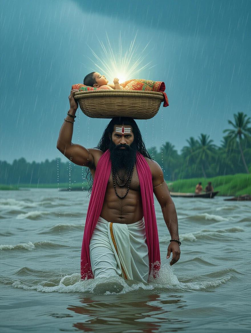 A powerful muscular man wading through turbulent waters. He wears a white dhoti and pink angavastram. He carries a woven basket above his head. A luminous infant rests inside the basket. The basket is covered with embroidered red and green silk. A majestic multi-hooded serpent protects the infant. Heavy rain falls in a mystical environment. Water splashes with each of his steps. The background shows a stormy sky and misty riverbank.
