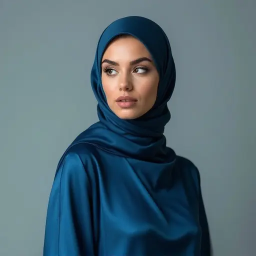 Woman wearing a satin hijab and undercap with a blue skinny dress. Mouth is wide. Eyes are slightly apart. Torso is big and thick.