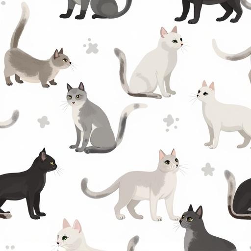 Vector repeatable pattern featuring hand drawn snowshoe cats in various poses. Colors include white, grey, and black, against a transparent background.