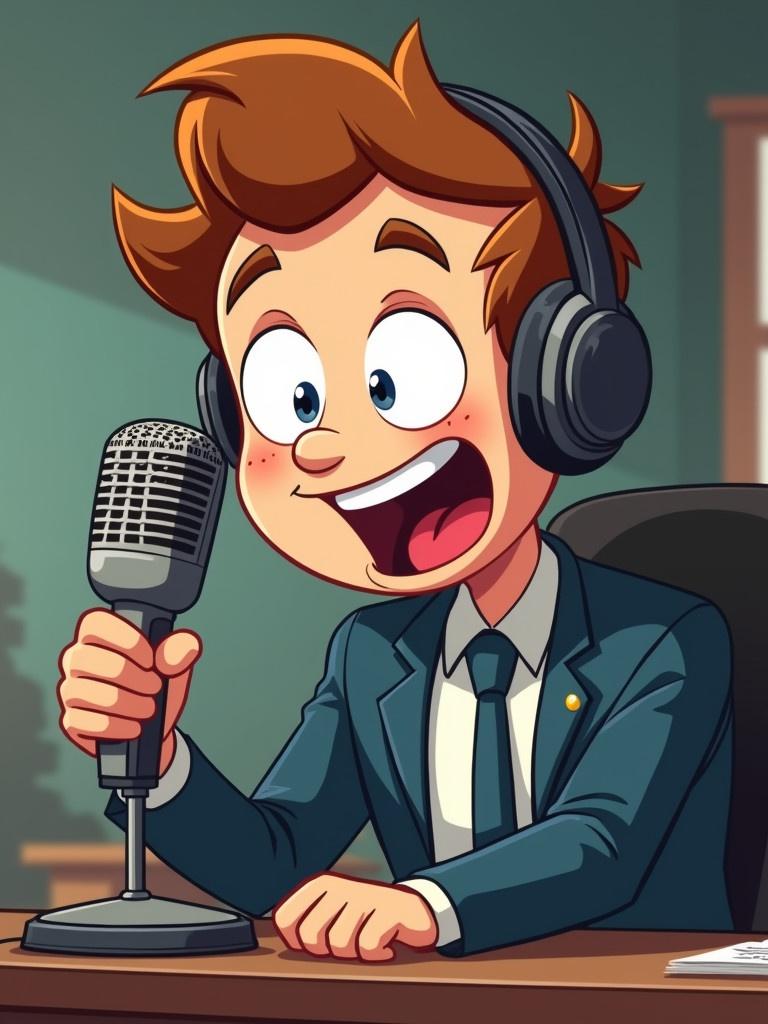 Cartoon character in a formal look sitting in a radio studio. The character wears headphones. He speaks enthusiastically into a microphone. A professional and cheerful atmosphere is present in the background.