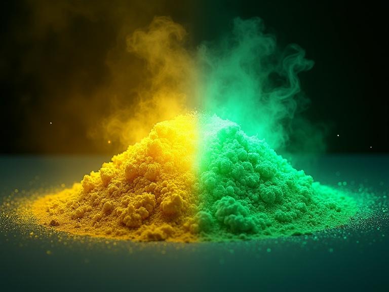 Visually striking scientific illustration showing two different states. Left side features yellow-emitting sand-like texture. Right side presents green-emitting crystalline growth. Colorful fluorescence illustrating switchable emissions. Central area displays remarkable effects. Background includes soft cloudy texture on left and sharp geometric on right. Yellow solid appears like grinded powder rather than crystals. Clean layout suitable for chemistry journal cover.