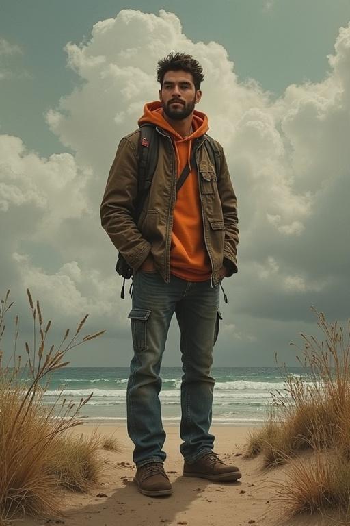 Man stands on beach wearing orange hoodie and jacket. Natural scenery with cloudy sky. Casual and adventurous vibe.