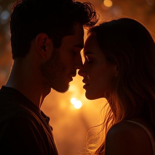 A passionate moment between a man and a woman. Faces are inches apart. Intense eye contact. Firelight reflects in their eyes. Sparks fly between them. Dark sensual lighting creates a cinematic atmosphere.