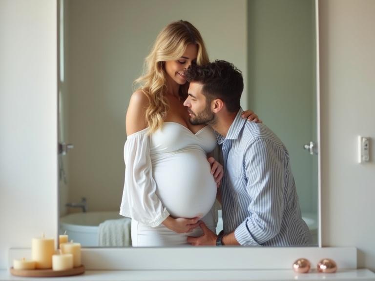 A beautiful pregnant woman is taking a mirror selfie in a modern bathroom. She is wearing a fitted white off-shoulder dress. Long wavy blonde hair. A man is kneeling next to her. He is kissing her baby bump lovingly while holding her hand. He is wearing a light blue and white striped shirt. The setting is softly lit with neutral tones. A white countertop with minimalist decor. A set of cream-colored candles is present.