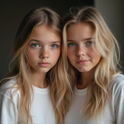 Two girls with very light complexion and long blonde hair. They have freckles and are wearing T-shirts. They have captivating lips and display tired yet satisfied faces while looking joyfully at the camera. The image captures their full figures.