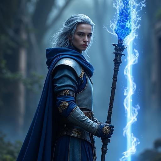 A young man stands calmly in a dim forest wearing light armor called Guardia Blue. Armor features pale silver chest plate and azure flame embroidery. Hooded cloak drapes over his shoulders with navy lining. Hair shifts between ash-blue and black. He holds a tall staff named Rumble Flare with blue orbs, wrapped in leather, ethereal blue flames swirl around it. Background has ancient ruins or a forest and a pillar of blue flames rises behind him.