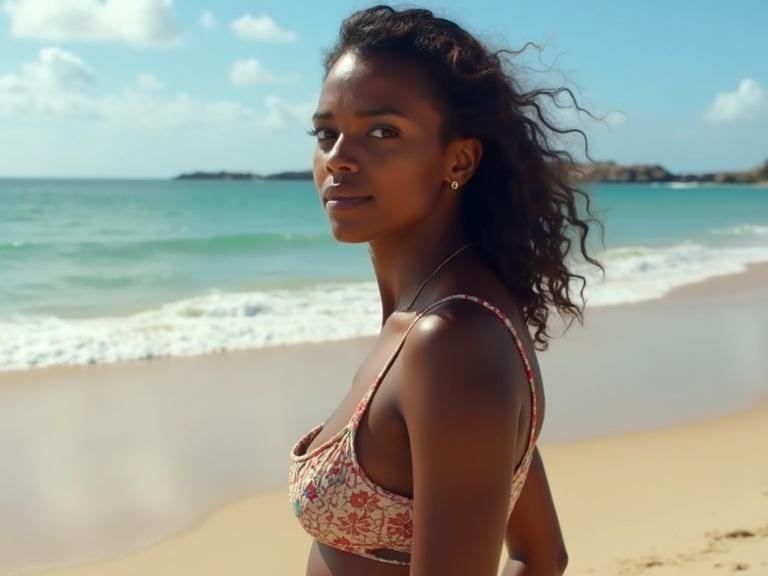 A woman stands on a beach with ocean waves in the background. She has curly hair and wears a floral bikini. The setting is bright and sunny.