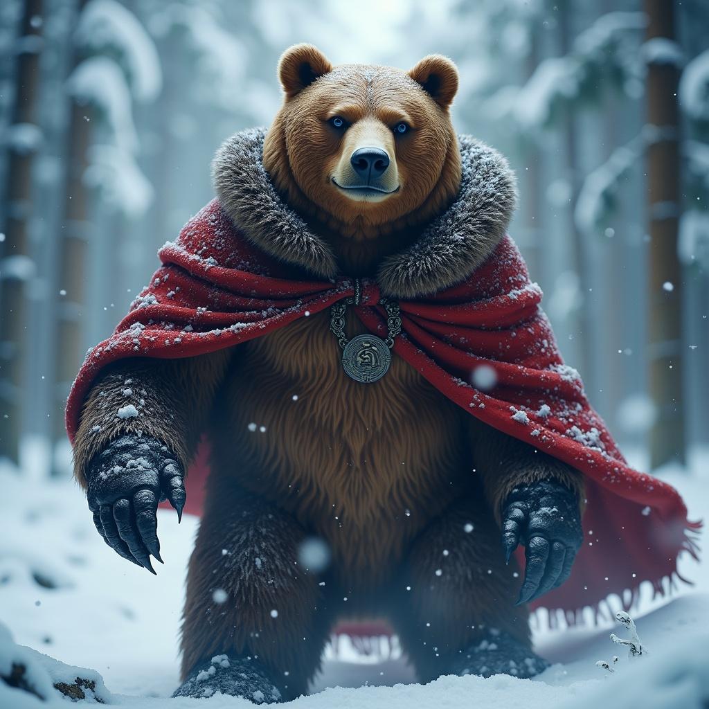 Evil Bear God conjures Taron in snowy winter wonderland. Bear adorned with a red cape stands in a snowy forest. Snowflakes fall around, creating a mystical atmosphere.