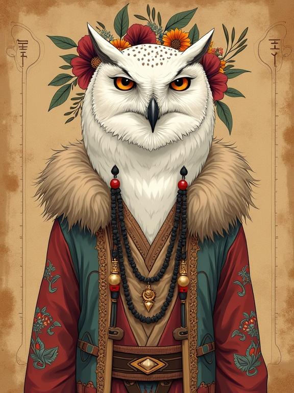 Anime-style digital illustration showcases a white owl in traditional Indian folk robes. The owl wears layered patterns bead necklaces and fur trims. A wreath of wildflowers adorns the head. The background features an old papyrus with mystical runes. Soft warm lighting enhances the details.