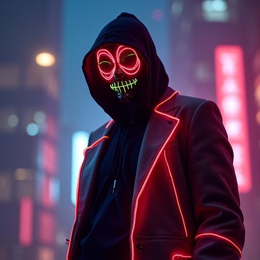 Full figure view of a modern individual wearing an elegant outfit and a glowing mask in an urban environment during the night. The scene captures a futuristic aesthetic with vibrant neon colors and a photorealistic design.