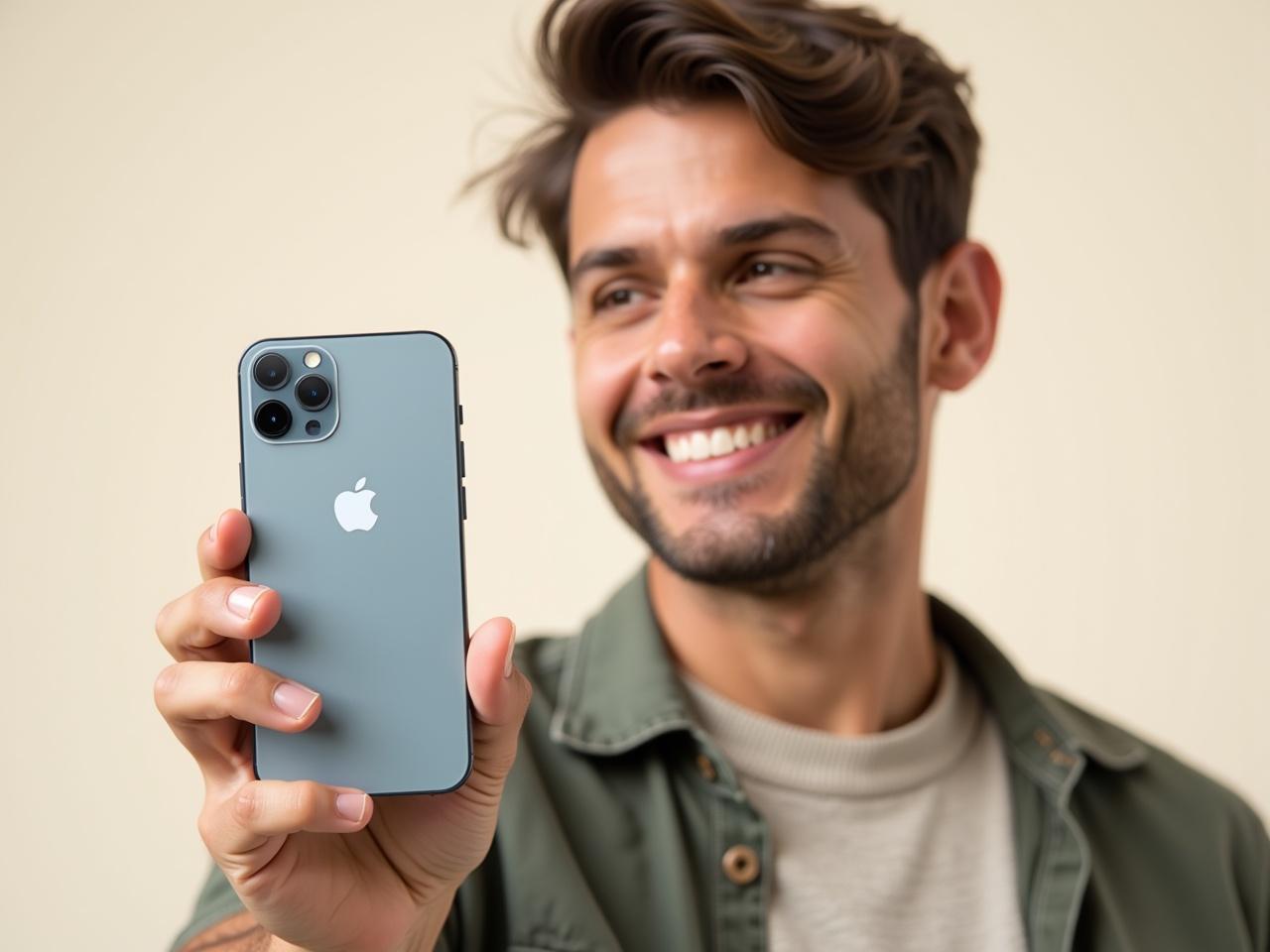 Photo of a male model holding an iPhone for product advertisement. The model is smiling and showcasing the phone's features. The background is simple to keep the focus on the phone. The lighting is bright to enhance the colors of the phone. The model is dressed casually to appeal to a wide audience.